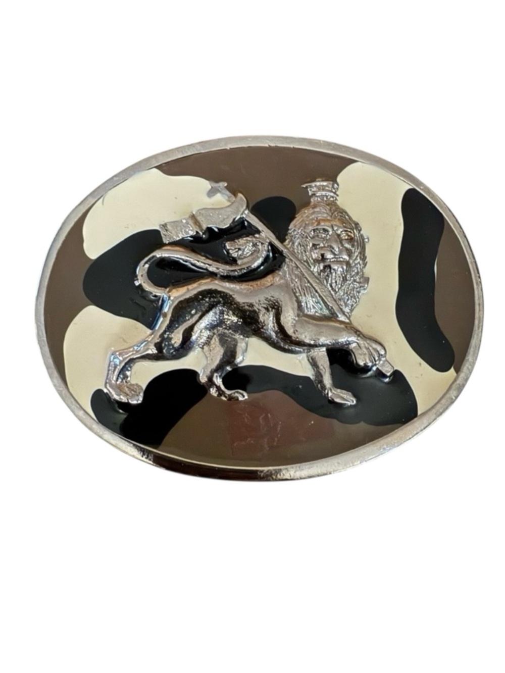 Lion of Judah Rastafarian Oval Belt Buckle Rasta Staff Camo Brown Silver Black